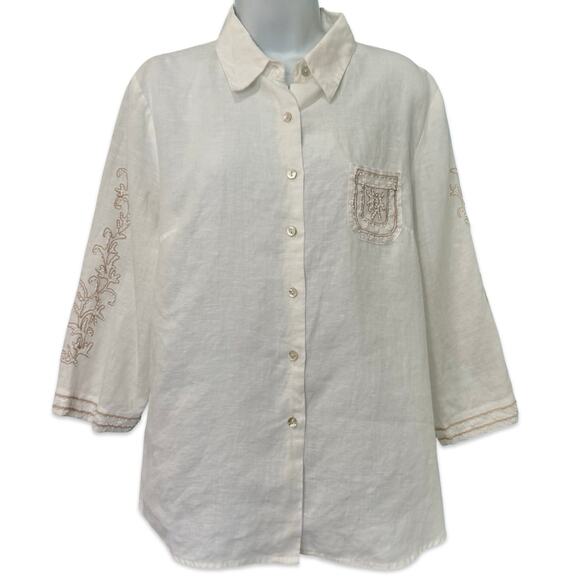 Vintage White Irish Linen Beaded Long Sleeve Button Up Blouse XL Richard Malcolm - Picture 1 of 9